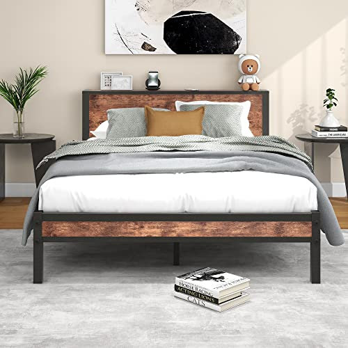 Diahomy King Size Bed Frame Metal Platform Bed Frame King Size with Wood Headboard/Mattress Base/Underbed Storage/No Box Spring Needed/Brown/208x150cm