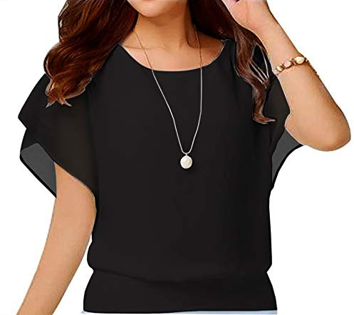 Yommay Camicette estive da donna eleganti, casual, a maniche corte, in chiffon, top, maglietta, Nero , XL