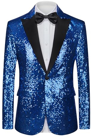 Men's Sequin Blazer One Button Tuxedo Suit Jacket Party Festival Wedding Prom Blue