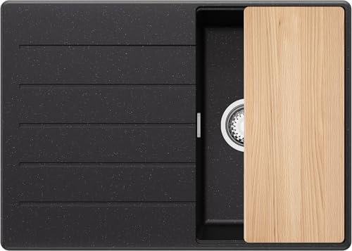 PRIMAGRAN Evier Cuisine en Granit Noir Métallisé 70x50cm, Lavabo 1 bac + Kit de Vidage + Planche à Découper, Évier à Encastrer al mueble 40cm - Copenhague S353