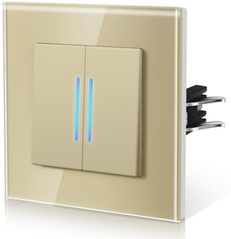 BSEED Interrupteur va-et-vient, Interrupteur Mural Connexion rapide, Borne à encliquetage, Modern Interrupteur Avec Voyant Lumineux, Verre, 2 Gang 2 Voie,86mm Or