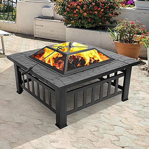 Table de brasero d'extérieur avec pare-étincelles, tisonnier, grille | Foyer carré multifonction en métal pour jardin, terrasse, bol de barbecue, feu de camp