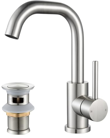 Basin Mixer Tap Brushed Nickel, 360° Swivel Bathroom Taps with Pop up Waste | single lever bathroom sink tap, hot & cold water mixer, stainless steel, ceramic cartridge, G1/2 uk standard fittings