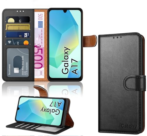 iCatchy for Samsung Galaxy A17 Case Wallet Flip Cover – PU Leather Magnetic Kickstand Card Holder Shockproof Phone Case for Samsung A17 5G / 4G (Black)