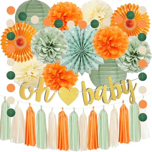 Grüne und Orange Babyparty Dekorationen Orange Baby Shower Salbeigrün Papierlaternen Beige Pompons Papierfächer Quaste Gralands Little Cutie Baby Shower Deko für Mädchen Jungen Babyparty Geburtstag