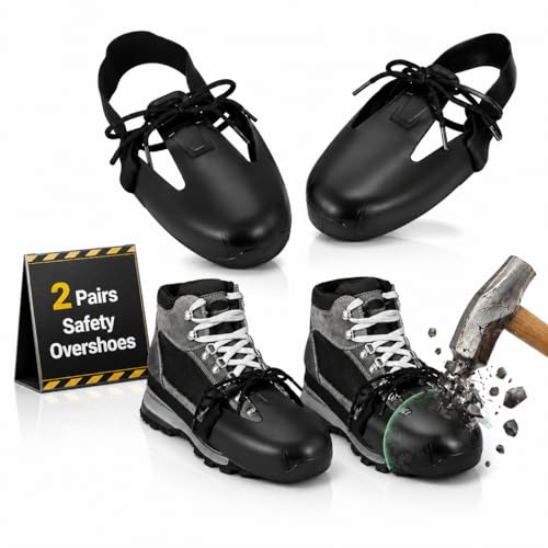NUOBESTY 2 Pairs Steel Toe Safety Overshoes with Adjustable Straps | Black toes protectors for factory, warehouse and worksite tours; protective shoe covers designed to fit over footwear