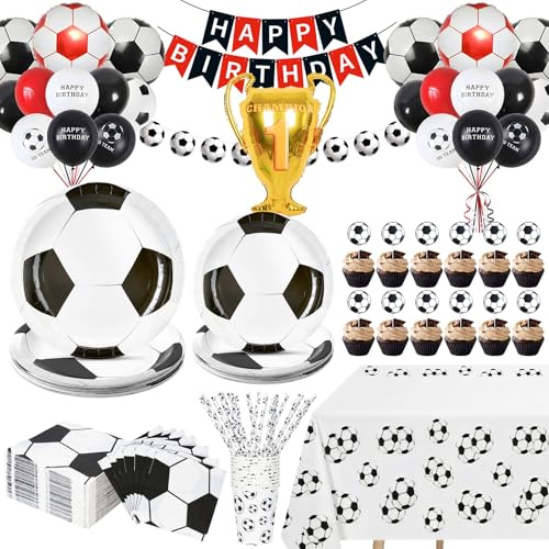 124PCS Football Theme Birthday Party Decorations-Soccer Party Supplies with Latex balloons, Birthday Banner, Champion Foil balloons,Complete World Cup, Sports Theme Birthday Party Decorations