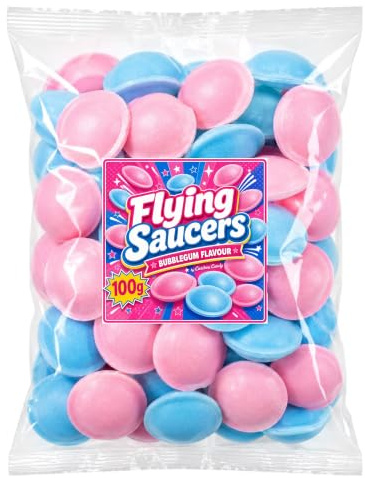 Bubblegum Flying Saucers Sherbet UFOs – 100g Bag – Pink & Blue Retro Sweets with Fizzy Sherbet Centre – Classic Sweet Shop Wafer UFO Candy in Clear Pillow Pack
