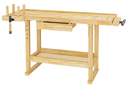 Wiltec Werkbank 151 x 61,5 x 86 cm aus Holz, Werktisch aus Rubberwood, Hobelbank bis 150 kg belastbar, Werkzeugbank mit Schublade und Spannzangen