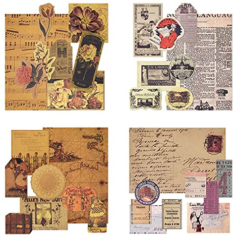 Mayplous 4er Pack Vintage Musterpapier Set – Einseitiges Scrapbooking Papier, Dekorpapier & Kraftpapier mit Aufdruck in Verschiedenen Größen für Kartenbasteln, Basteln, Stanzen & Collage (Artistic)