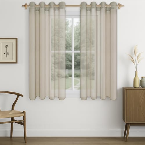 CUTEWIND Vorhänge Beige Kurz mit Ösen, Vorhang Transparent Gardinen Wohnzimmer Modern Kurz 2er Set 145 cm Lang, 140 cm Breit, Gardinen Schals Kurze Gardine Küche Fenster Sheer Curtains