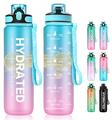 MYFOREST 1L Tritan™ Trinkflasche, großer Auslauf für großer Schluck/abnehmbarer für klein Trinken, Kratzfester Zeitmarker für motivierende Flüssigkeitszufuhr, sturzfest/BPA-frei Wasserflasche