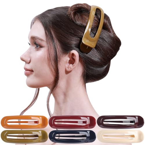 RC Roche Lot de 6 pinces à cheveux plates pour femme en forme de bec de canard antidérapantes, grand classique | Barrette, chignons plats, prise en main sans plis, style glissière latérale, dents incurvées, tenue forte et voyage
