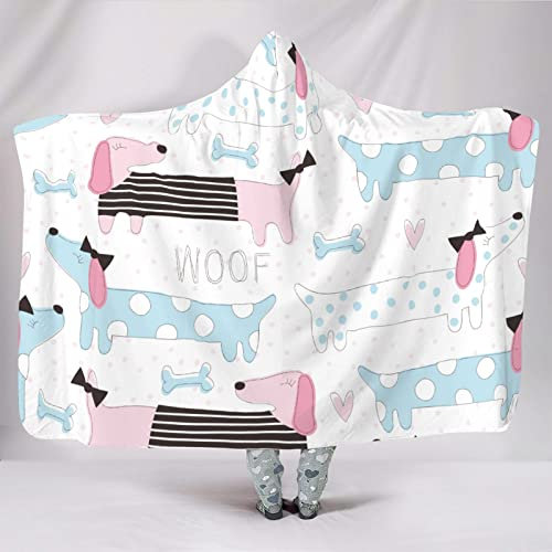IUBBKI Mädchen Jungen Flanell Kuscheldecke Kapuzendecke Dackel Woof Hund Hoodies Decke Winterdecken mit Hoodie Wohnzimmer Kapuzendecke 127 x 152,4 cm