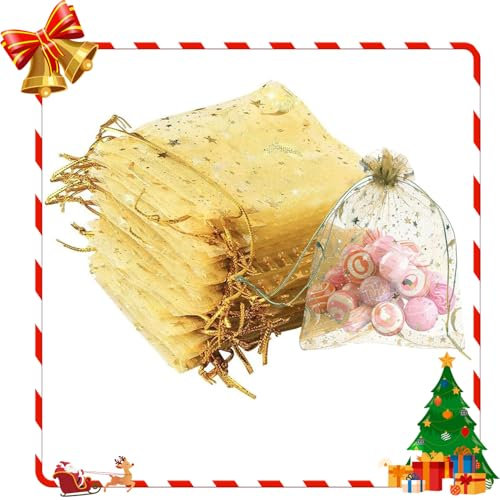 50 Stück Organzasäckchen 7x9 cm, Kleine Säckchen zum Befüllen, Organza-Beutel mit Kordelzug, Geschenksäckchen, Bunt Schmuckbeutel, Geschenk Schmuckbeutel, Für Geburtstag, Weihnachten, Mitgebsel (Gold)