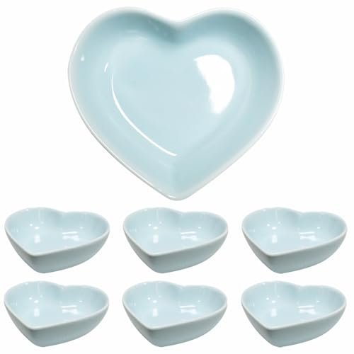 Lotatheta Light Blue 6 pcs Soy Sauce Dish Heart Shaped Porcelain Ceramic Dip Dipping Bowls 1.65 oz for Dinner Baking BBQ and Cooking