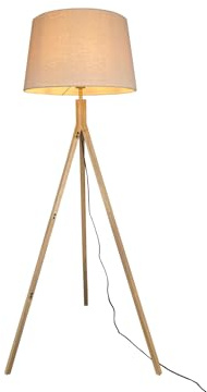 Lampadaire à trépied en bois avec abat-jour en tissu blanc crème, hauteur 157 cm