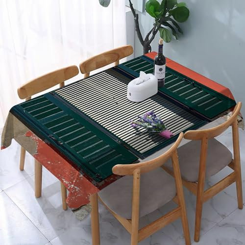 Garten Tischdecken Rechteckig,Fensterläden-Dekor, alter italienischer Stein mit mittelalte,Fleckschutz Wasserdicht Tischtuch für Draußen Esszimmer,Küche,Garten,Party,Hochzeiten oder Haushalt 137x183cm