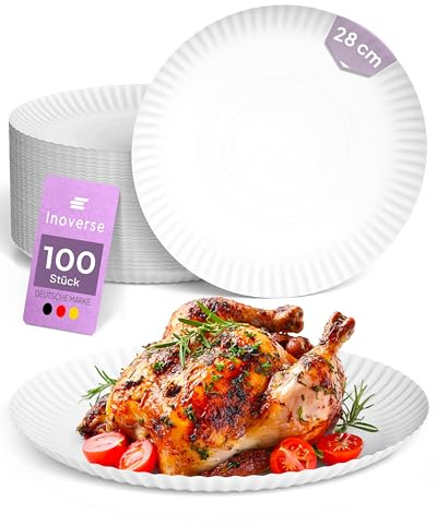 Inoverse Pappteller 28 cm Rund, 100 Stück, Kuchenteller Einweg | Weiß Umweltfreundlich, Einwegteller, Einweggeschirr, für Kuchenstücke, Grillwürstchen und Fingerfood, für Feiern Vereinsfeste