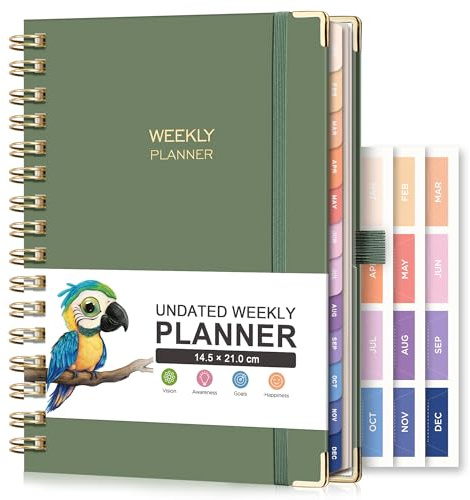 RETTACY Undated Planner - Diary Planner Notebook, Weekly and Monthly Journals for Women,53 Weeks & Daily Planning with 24 Self-Adhesive Tabs, Hardcover,100GSM Paper, 14.5x21cm - Light Green