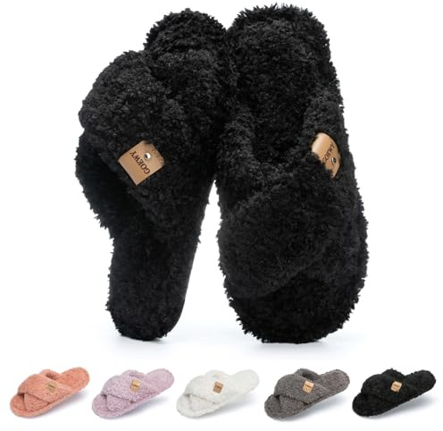 GOEWY Zapatillas de Casa Mujer Verano, Pantuflas Mujer Antideslizantes Pelo Suave, Zapatos de Estar por Casa Abiertas Transpirables, Slippers Mujer Cómodas con Diseño de Lazo Cruzado(Negro 40/41)