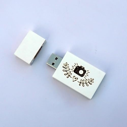 Desuerte Memoria USB 2.0 de 16 GB de madera, color blanco, grabado con cámara y corazón, regalo para fotógrafos y bodas