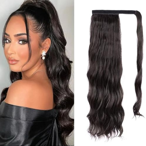 Vågig Wrap ponytail förlängning, hästsvans hårdel, fläta extension, syntetiskt clip i hårdel, hårförlängningar för damer (6A mörkbrun, lång)