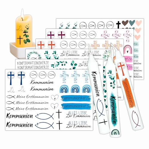 Tatuajes para velas de comunión – Juego de tatuajes para diseñar velas de comunión y vela de confirmación | pegatinas con placas de cera para velas, kit de manualidades para celebración religiosa