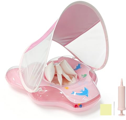 Aischens Baby simring med solskydd rosa, havsdjur barn simring för småbarn 12–36 månader, uppblåsbar babypoolring med upphöjda luftkammare och säkerhetsbälte som inte välter