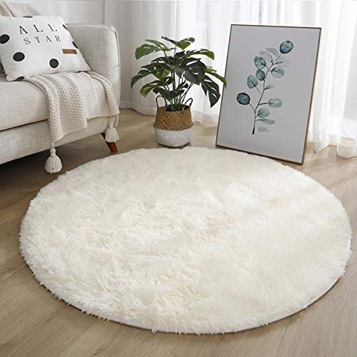 Leesentec Teppiche Runde Schlafzimmer Teppiche Wohnzimmer Anti-Rutsch-Weich Flauschiger Teppich Zottelige Fußmatten Groß für Flur (White, 140cm)