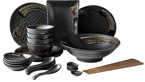 Brigtviee Juegos de Vajillas 25 Piezas de Porcelana para 4 Personas, Vajilla Combinada con Plato Llano, Plato de Postre, Plato Hondo y Cuchara, Juego de Vajilla Combinada Aptas para el Lavavajillas