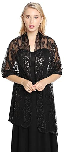 GIBZ Chal de Mujer con Purpurina Bordada Finas Estola Florales con Lentejuelas Para Vestidos de Noche de Boda, Negro