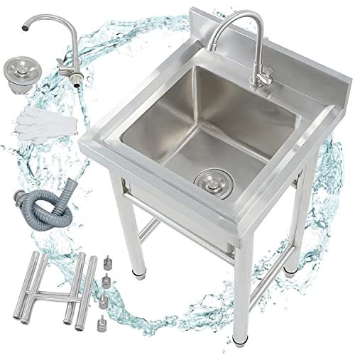 Évier de Cuisine INOX 1 Bac sur Pieds en Acier - Utilitaire Intérieur Extérieur avec Égouttoir et Robinet - Anti-Éclaboussures Lavabo Professionnel - Porteur 150kg