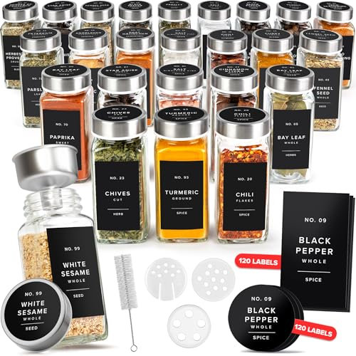 EDELHAUS Gewürzgläser Eckig Set mit Edelstahl Deckel (24 x 120ml) Gewürzstreuer mit Streueinsatz und 240 Etiketten Schwarz - Hochwertige Gewürzbehälter, Gewürzdosen, Gewürze organizer [10,7cm x 4,5cm]