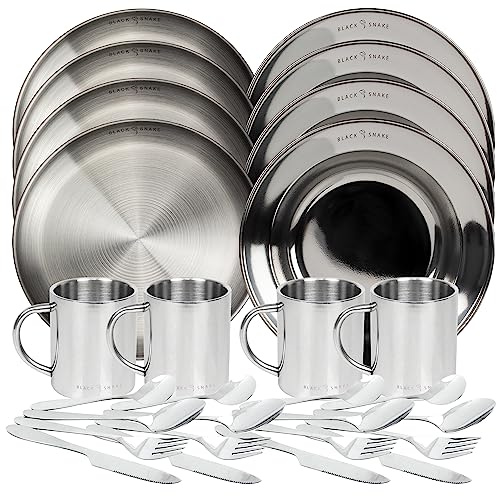 Black Snake® Camping Set - Teller Flach & Tief, Besteck und Tasse - 4 Personen