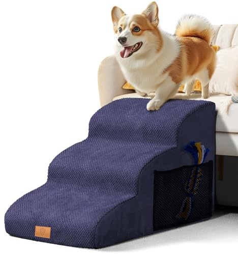 Scaletta Per Cani,Masthome Scala Per Cani Letto In Spugna,Scaletta 3 Gradini Per Animale Domestico,Rampa Per Cane,Con Coperchio Rimovibile e Lavabile in Lavatrice,per letto,divano e auto,Blu Navy