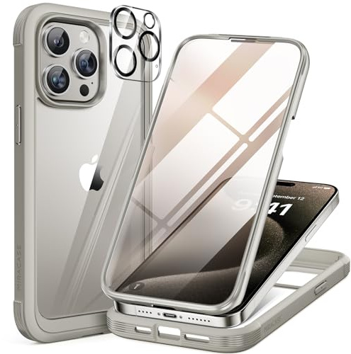 Miracase Glass for iPhone 15 Pro Max Case, Full Protection, Grey Titanium | [Built-in 9H Tempered Glass Screen Protector + Camera Lens Protector] Military Grade Drop Proof Clear Back Case Cover 6.7