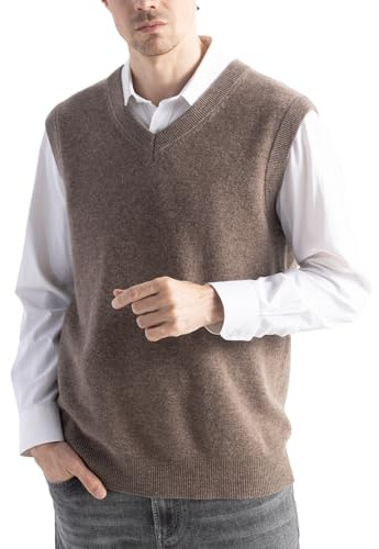 Chanyarn 100% Merinowolle Pullunder für Herren Pullover Ohne Arm V-Ausschnitt Weich Herbst-Winter Warm Strickwesten(Braun,L)