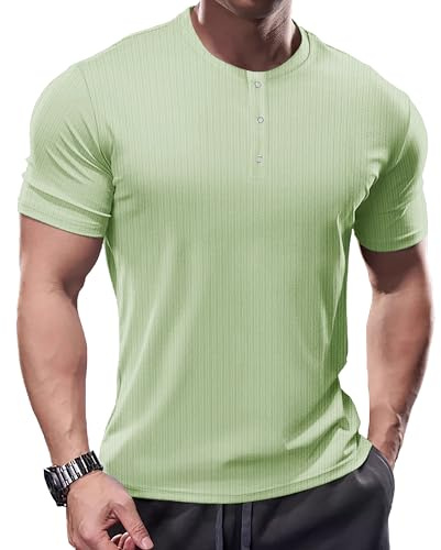 Muhshoiy Herr Muskelskjortor Kortärmad Henley Tröja Smal Passform Ribbad Skjorta för Män Vslappnad Sport Shirt Grönt L