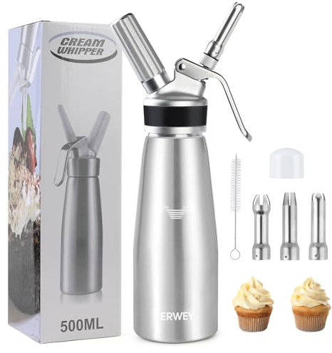 ERWEY Sifone Panna Montata 500ml, Sifone da Cucina Alluminio, Sifone Panna con 3 Ugelli e 1 Spazzola da Pulizza, Sifone per Panna Montata per Decorazione Torte e Dessert (Argento)