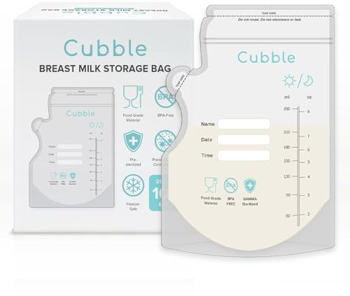 100 Pcs Cubble Breast Milk Freezer Bags – 8oz/250ml Pre-Sterilized Milk Storage Bags, Leak-Proof, with Pour Spout & Double Zip – Space-Saving Breastfeeding Essentials