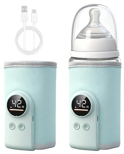 Wxeadu Chauffe-biberon portable plug-in pour bébé en déplacement, 6 températures réglables de 38 à 50 °C, avec écran LCD, bleu ciel