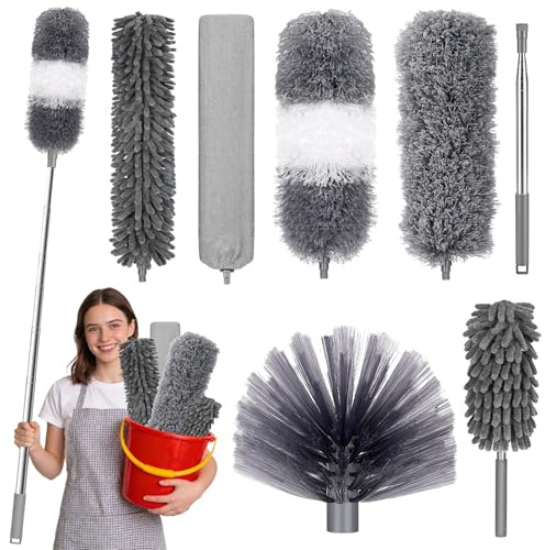 ITClosud 7 Teiliges Staubwedel Teleskop Waschbar Mikrofaser Duster, Verbiegbare Staubfänger, Staubwedel Ausziehbar mit Teleskopstange bis 250cm， Staubwischer Waschbar für Hohe Decken