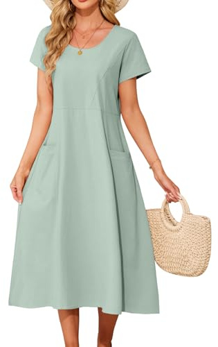 PASUDA Vestidos Verano Mujer Largo Vestido Midi Algodón Manga Corta Sueltos Boho Casual Elegante Vestido de Playa T-Shirt Dresses Color Sólido con Bolsillos (Verde, XL)