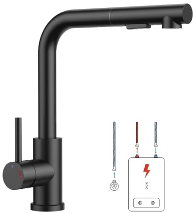 FORIOUS Robinet Cuisine Basse Pression, Robinet Evier Extractible en Forme L, Mitigeur Cuisine 3 Raccords pour Chauffe-eau ou Sous-évier, 2 Jets, Rotation 360°, Noir Mat, Pression
