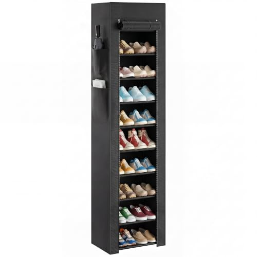 HOMCOM Étagère à Chaussures 20 Paires 10 Niveaux 45 x 30 x 175 cm Noir | Range-Chaussures en Métal, Housse Anti-Poussière, pour Entrée, Couloir, Salon