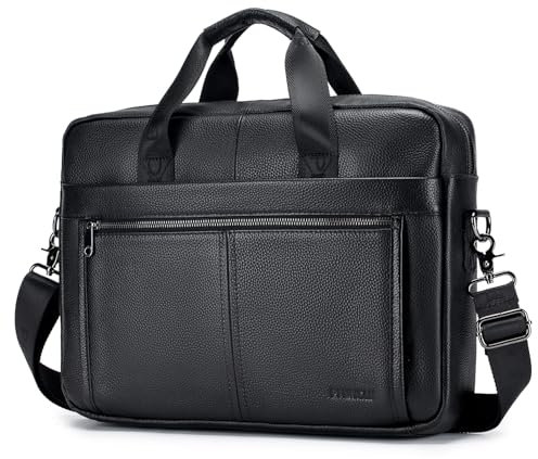 BAGZY Maletin para Ordenador Portátil 15.6 Pulgadas Regalo Hombre Maletín de Cuero Genuino Bolso Hombre Bandolera para Portátil Bolso Mensajero Negocios (Negro)