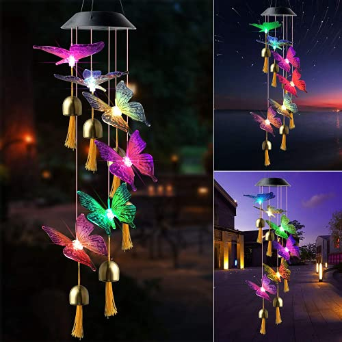 BSOMAM Lámpara solar de 7 colores con campanas de viento y mariposas, luces LED decorativas, para decorar patios interiores y exteriores, ahorro de energía, con ganchos