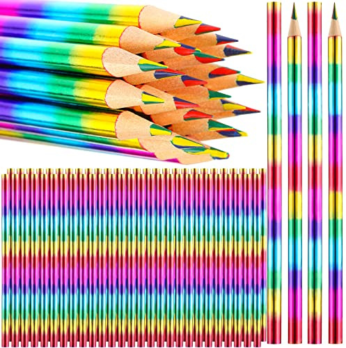Fainne 96 Pieces Rainbow Colored Pencils 4 Color in 1 Rainbow Wooden Pencil for Kids, Art Supplies, Reward Gifts for Students(Holographic Type)