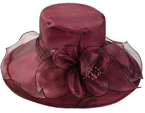 HIQIU Organza Hut Damen Breite Krempe Sommerhut Strandmütze, Ladies Elegant Sonnenhüte Fascinator Kirche Derby Hochzeit Party Hut (Weinrot)